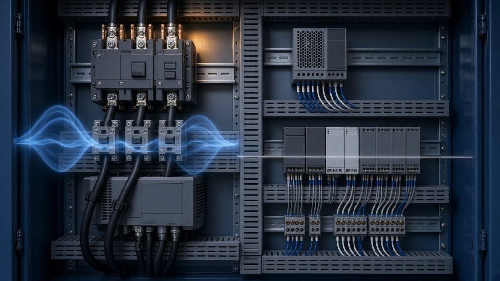 تابلو برق صنعتی با بخش قدرت AC و بخش فرمان ۲۴ ولت DC