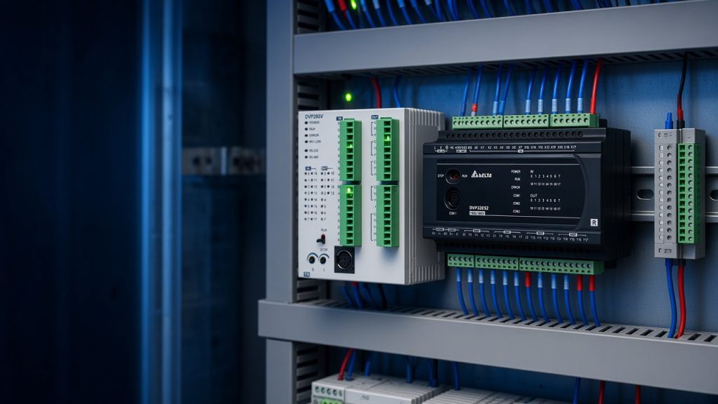 PLC دلتا سری DVP مدل‌های DVP28SV و DVP32ES2 روی ریل داخل تابلو برق